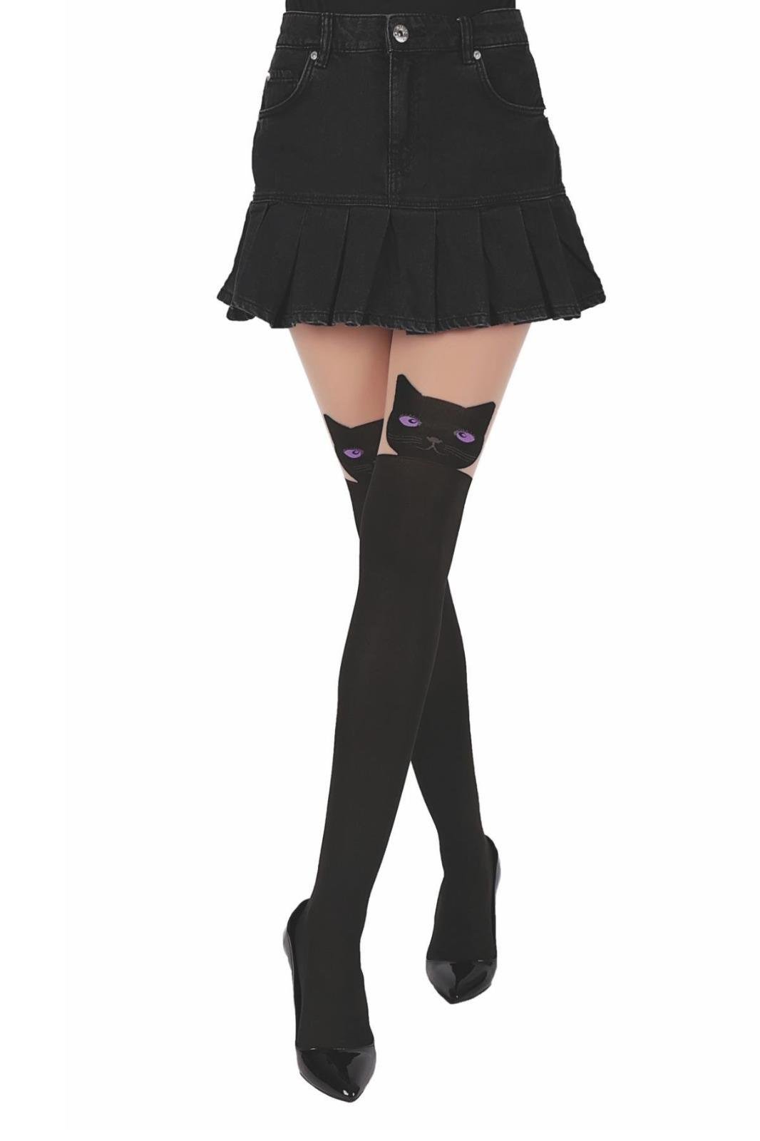 Mor Gözlü Kedi Desenli Siyah Külotlu Çorap