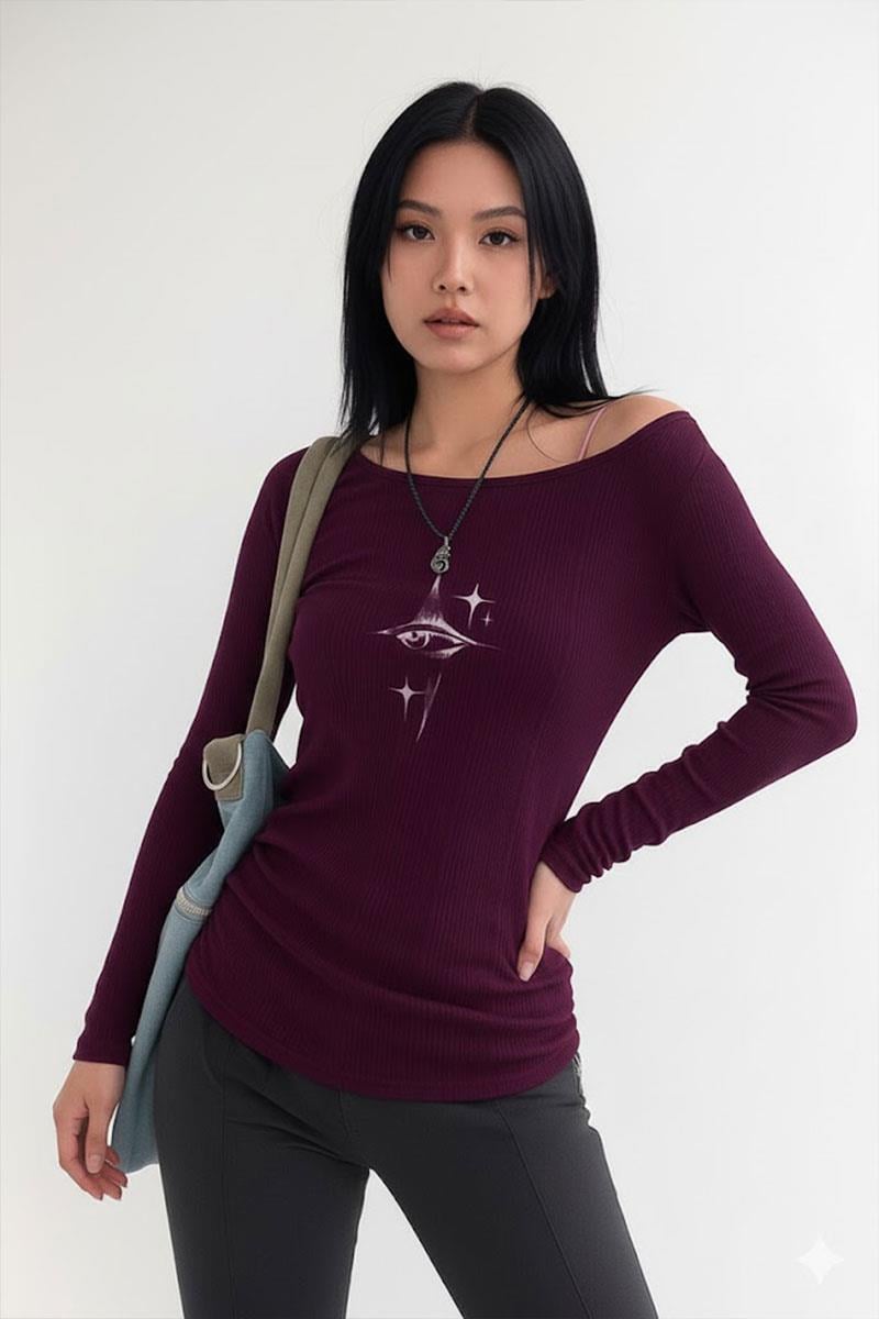 Mürdüm Crystal Eye Madonna Yaka Harajuku Y2K Uzun Kollu Crop 