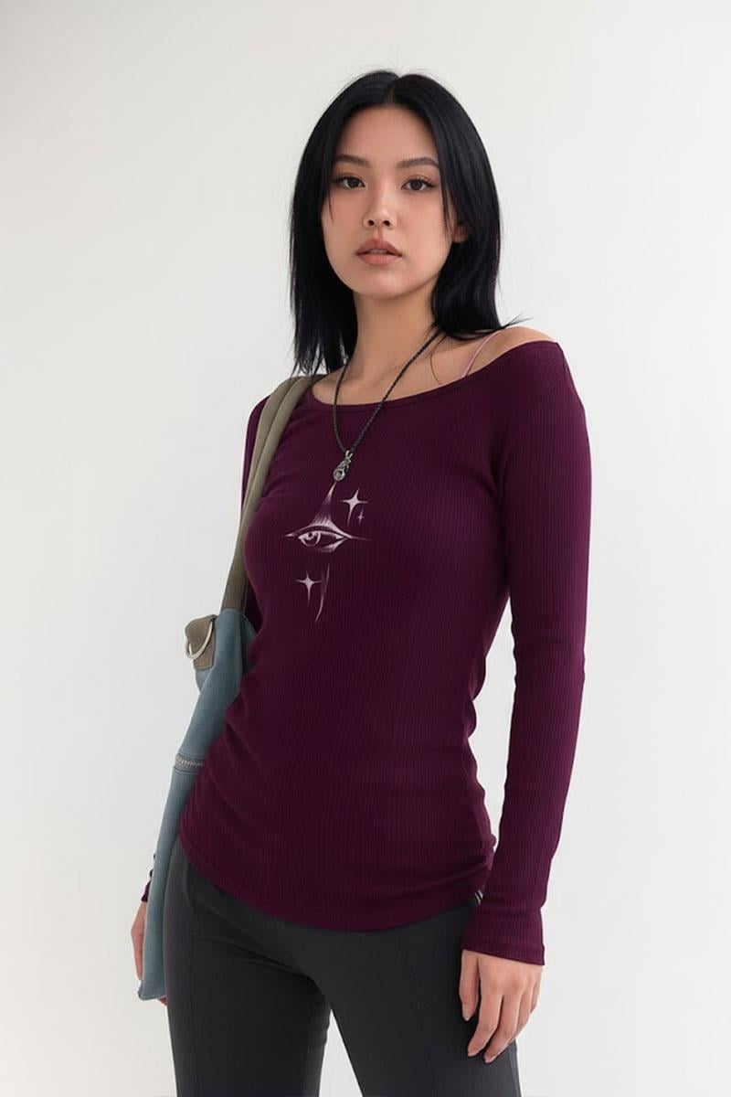 Mürdüm Crystal Eye Madonna Yaka Harajuku Y2K Uzun Kollu Crop 