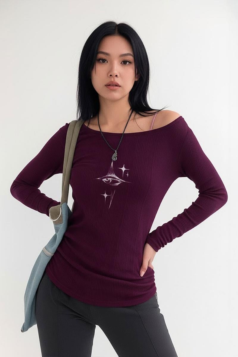 Mürdüm Crystal Eye Madonna Yaka Harajuku Y2K Uzun Kollu Crop 