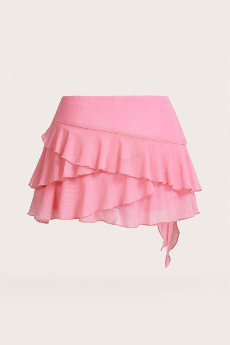 Pembe Bohem Katlı Fiyonklu Y2K Mini Etek