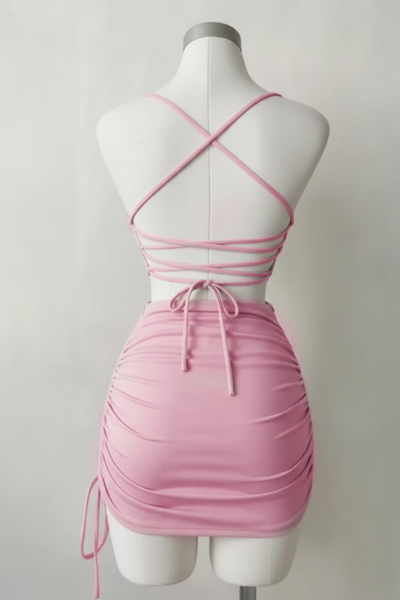 Pembe Büzgülü Sırt İpli & Dekolteli Askılı Gotik Y2K Saten Elbise