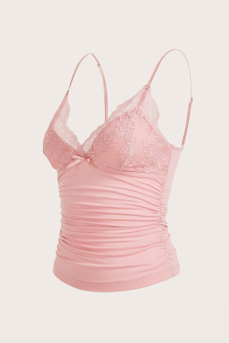 Pembe Dantel Detaylı Fiyonklu Y2K Askılı Crop