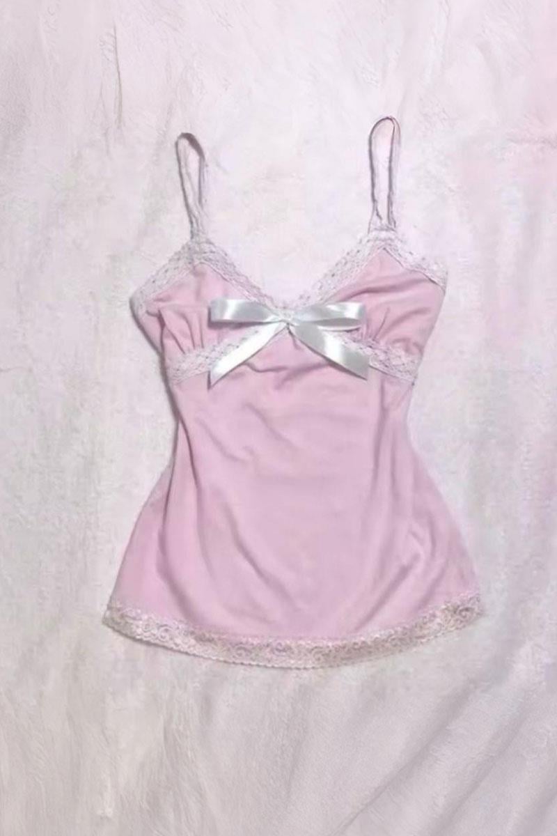 Pembe Dantel Detaylı Kurdeleli Askılı Crop