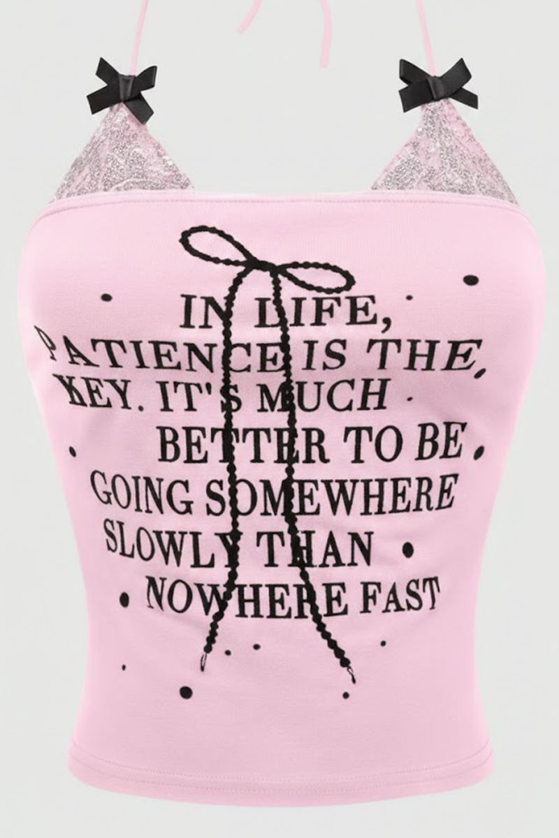 Pembe Dantel Detaylı Siyah Fiyonklu İn Life Y2K Askılı Crop