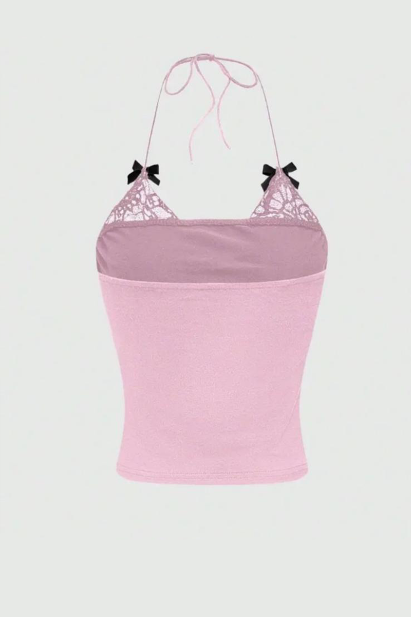 Pembe Dantel Detaylı Siyah Fiyonklu İn Life Y2K Askılı Crop