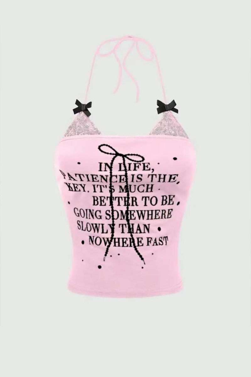 Pembe Dantel Detaylı Siyah Fiyonklu İn Life Y2K Askılı Crop