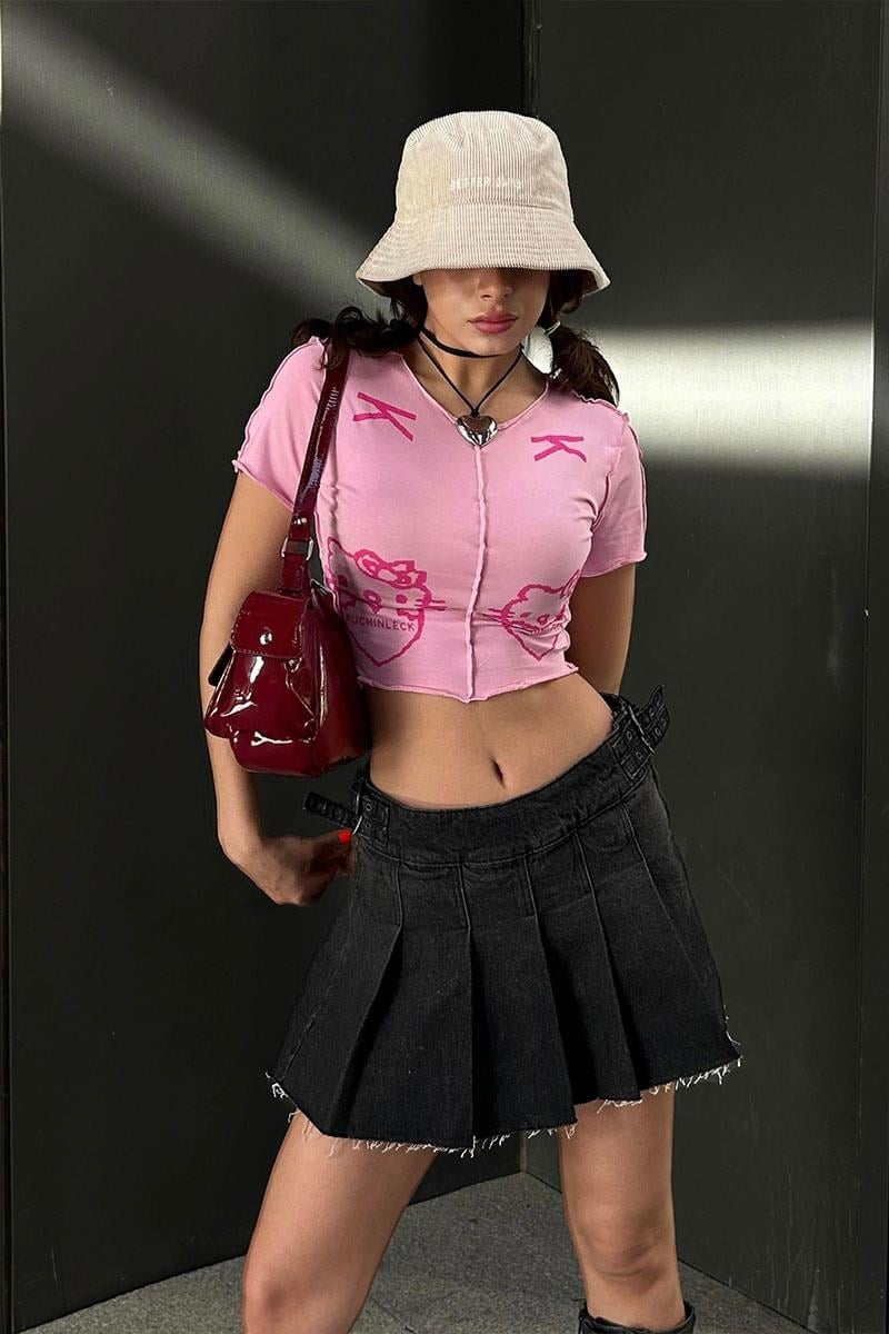 Pembe Hello Kitty - Ruchinleck Y2K Kısa Kollu Crop 