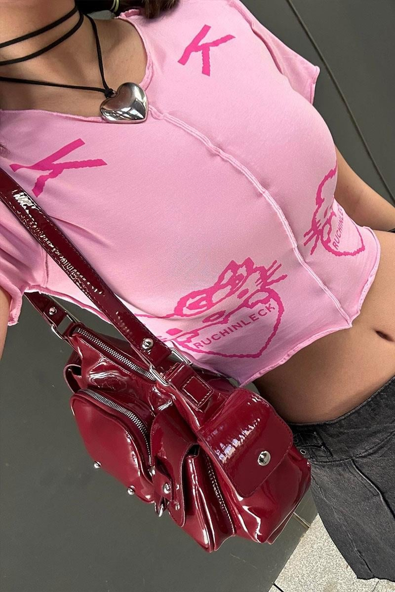 Pembe Hello Kitty - Ruchinleck Y2K Kısa Kollu Crop 