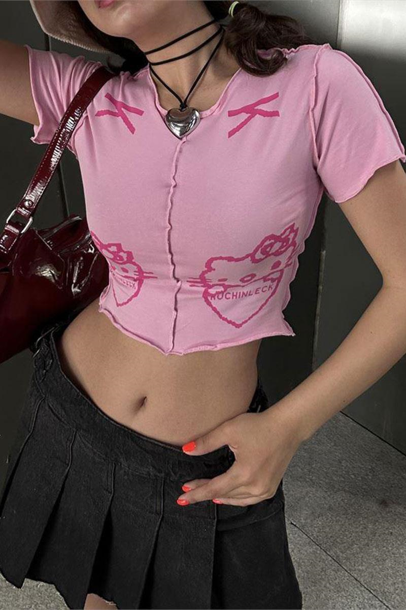 Pembe Hello Kitty - Ruchinleck Y2K Kısa Kollu Crop 