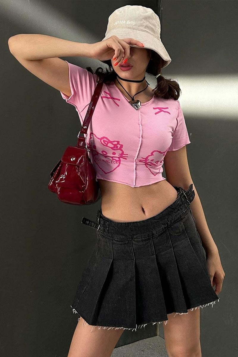 Pembe Hello Kitty - Ruchinleck Y2K Kısa Kollu Crop 