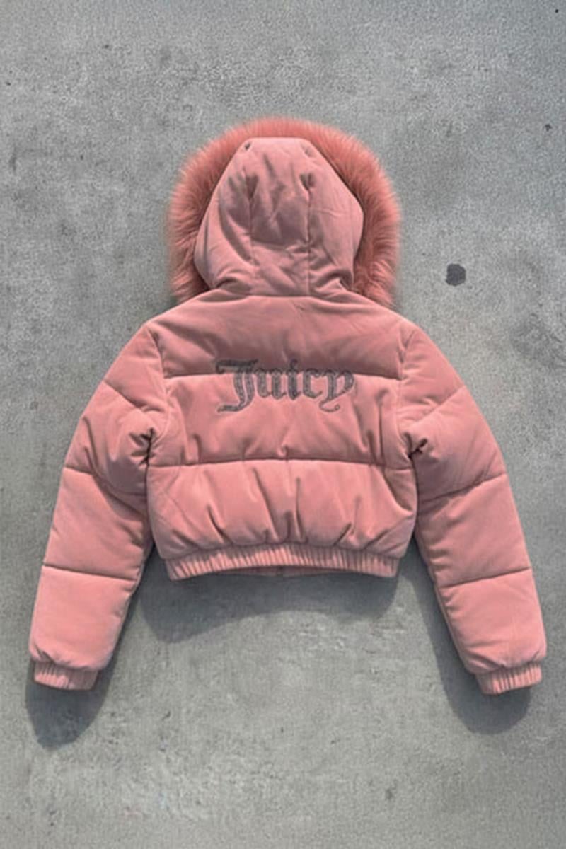 Pembe Juicy Peluş Kapüşonlu Şişme Crop Mont