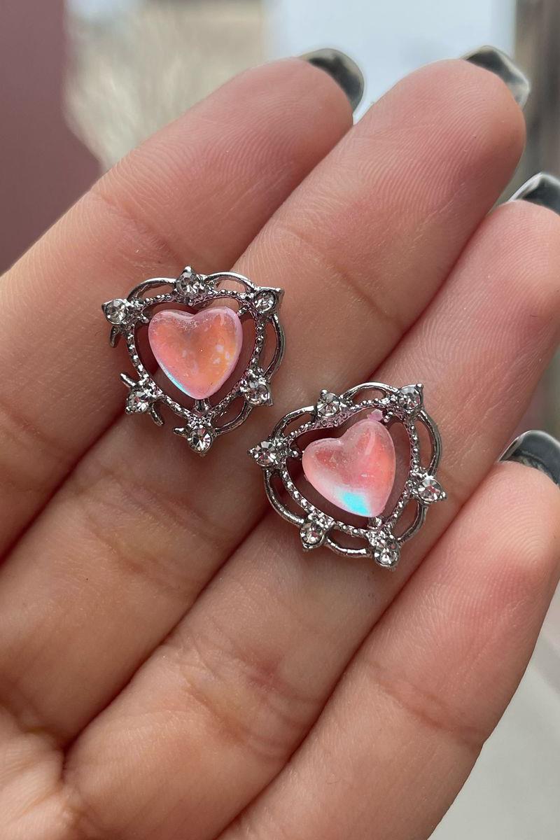 Pembe Kristal Lolita Style Taşlı Çerçeveli Kalp küpe