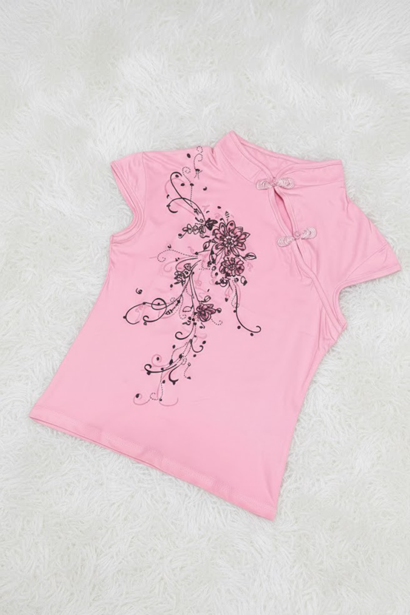 Pembe Mandarin Yaka Çiçekli Qipao Vintage Y2K Kısa Kollu Crop