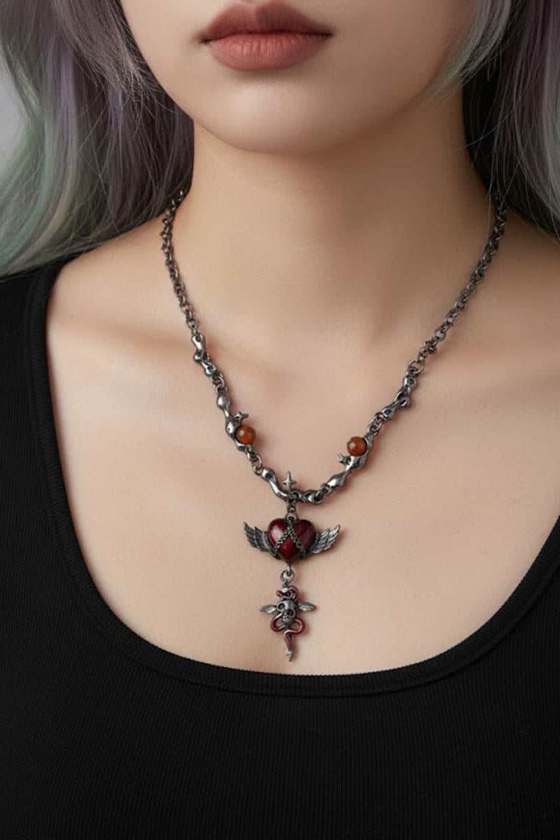 Silver Gotik Red Heart Wing Harajuku Kolye