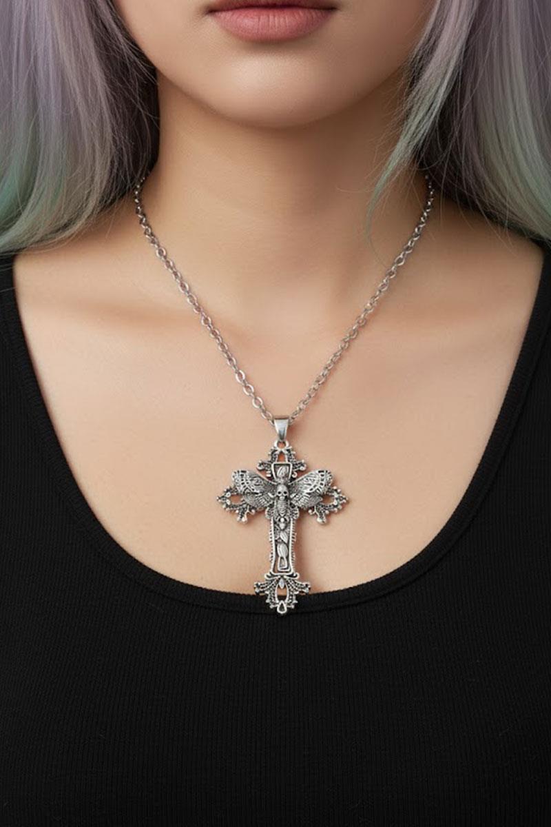 Silver Gotik Skull Butterfly Kolye