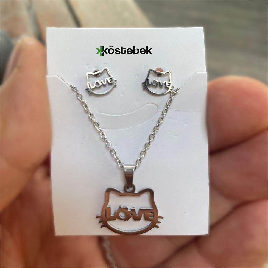 Silver Hello Kitty Face Love Kolye Ve Küpe Seti 