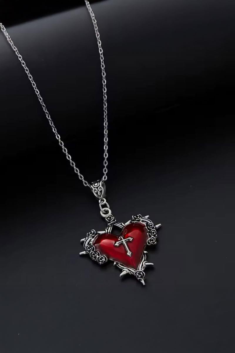 Silver Kırmızı Heart Cross Gotik Kolye