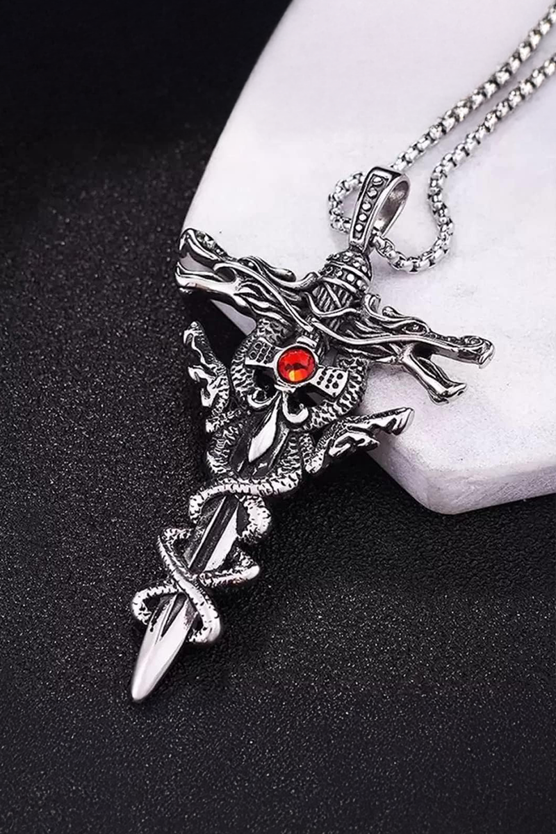 Silver Kırmızı Kristal Ejderha Sarmalı Kılıç Kolye