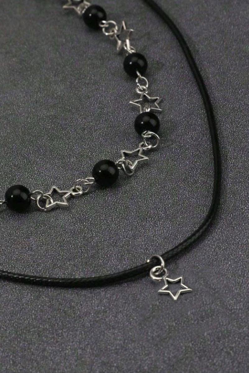 Silver Punk Star and Bead İkili Kolye
