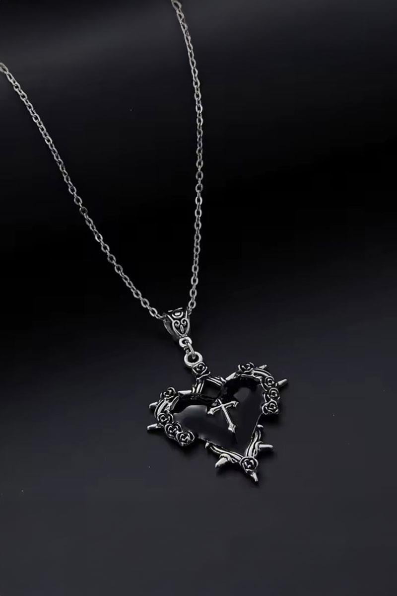 Silver Siyah Heart Cross Gotik Kolye