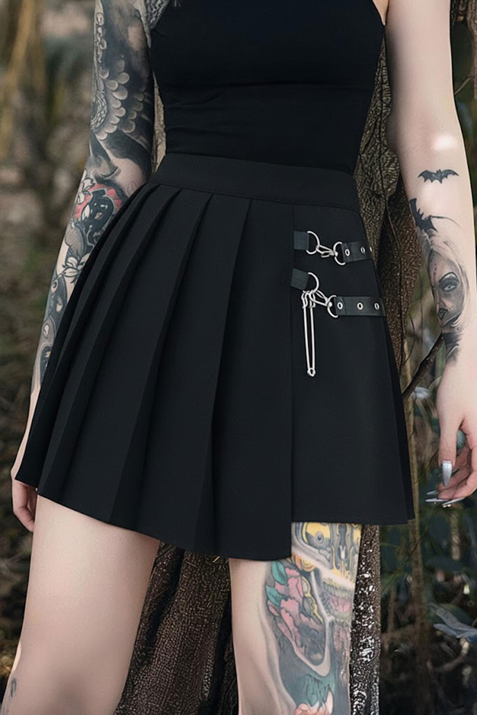 Siyah Anime Harajuku Punk Ekoseli Deri Kemerli Mini Etek