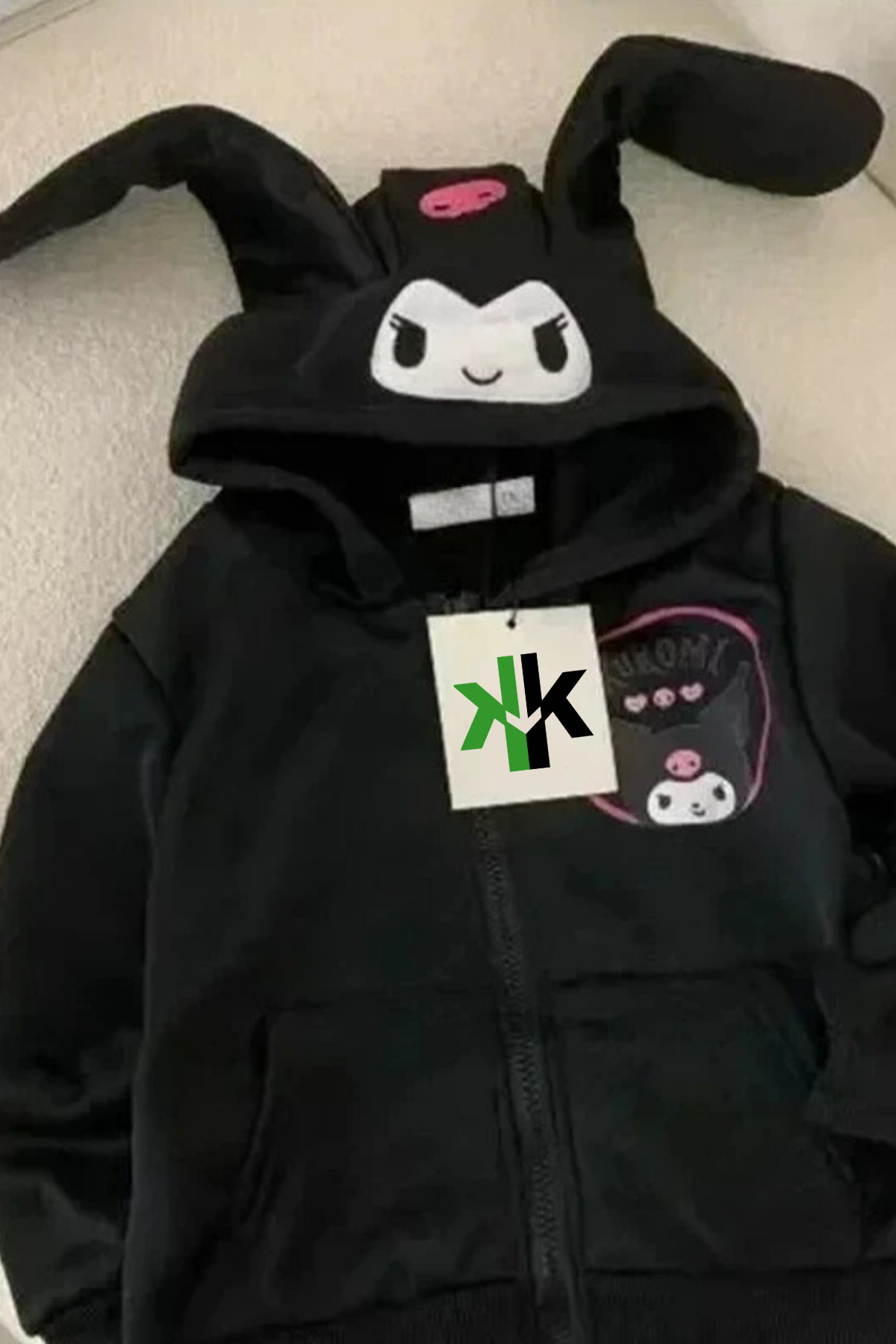 Siyah Anime Kuromi Kulaklı Face Fermuarlı Kapüşonlu Sweatshirt