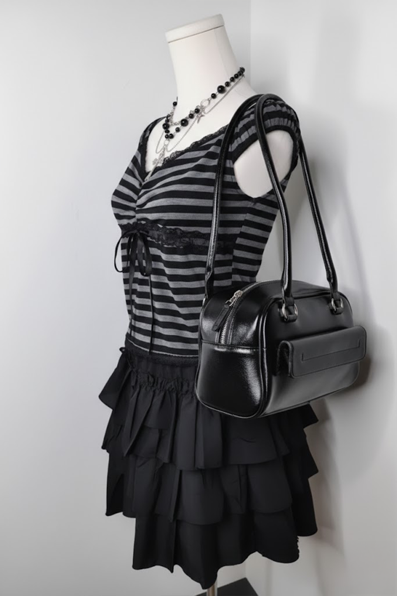 Siyah Antrasit Çizgili Grunge Fiyonklu Dantelli Y2K Kısa Kollu Crop