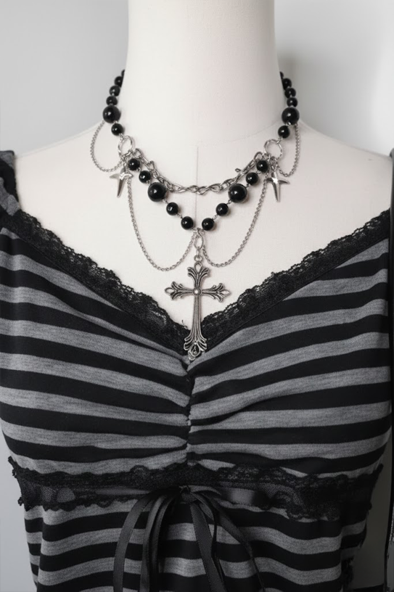 Siyah Antrasit Çizgili Grunge Fiyonklu Dantelli Y2K Kısa Kollu Crop