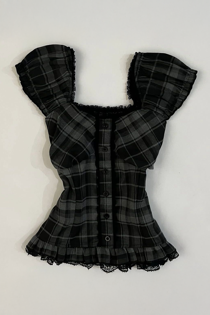 Siyah Antrasit Ekoseli Vintage Dantelli Kare Yaka Y2K Kısa Kollu Crop