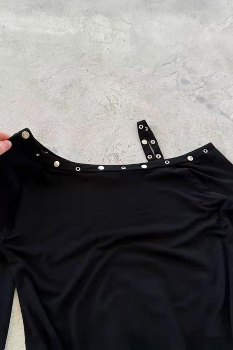 Siyah Askılı Omuz Dekolteli Düğme Detaylı 2K Uzun Kollu Crop