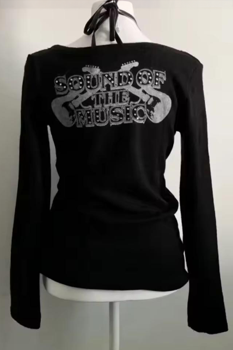 Siyah Black Thae Festival Harajuku Y2K Bağlamalı Uzun Kollu Crop