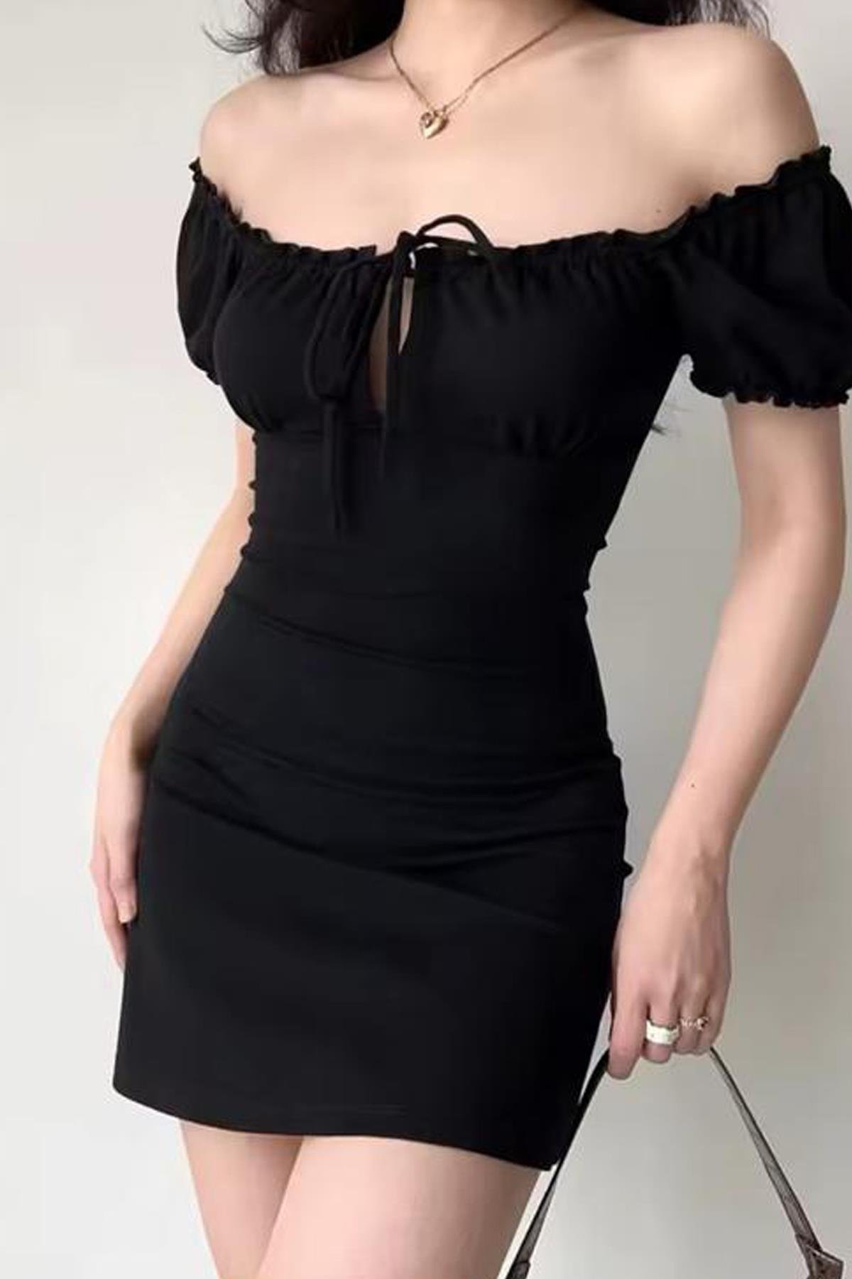 Siyah Büzgü Kol Bağcıklı Elbise