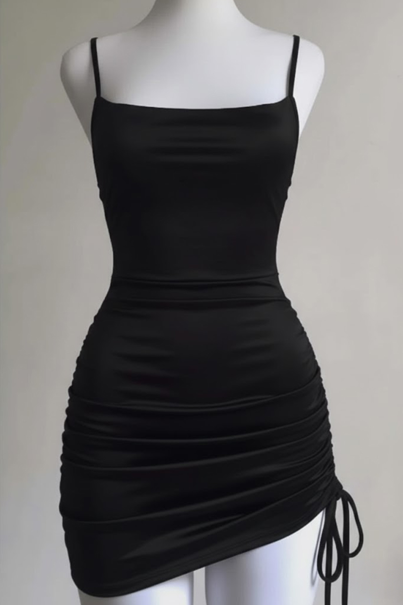 Siyah Büzgülü Sırt İpli & Dekolteli Askılı Gotik Dalgıç Kumaş Y2K Elbise