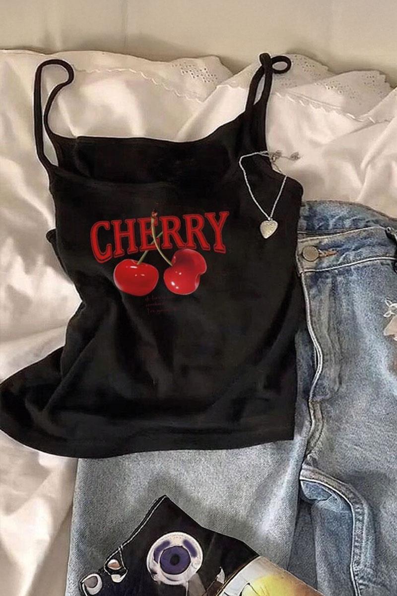 Siyah Cherry Y2K Askılı Crop