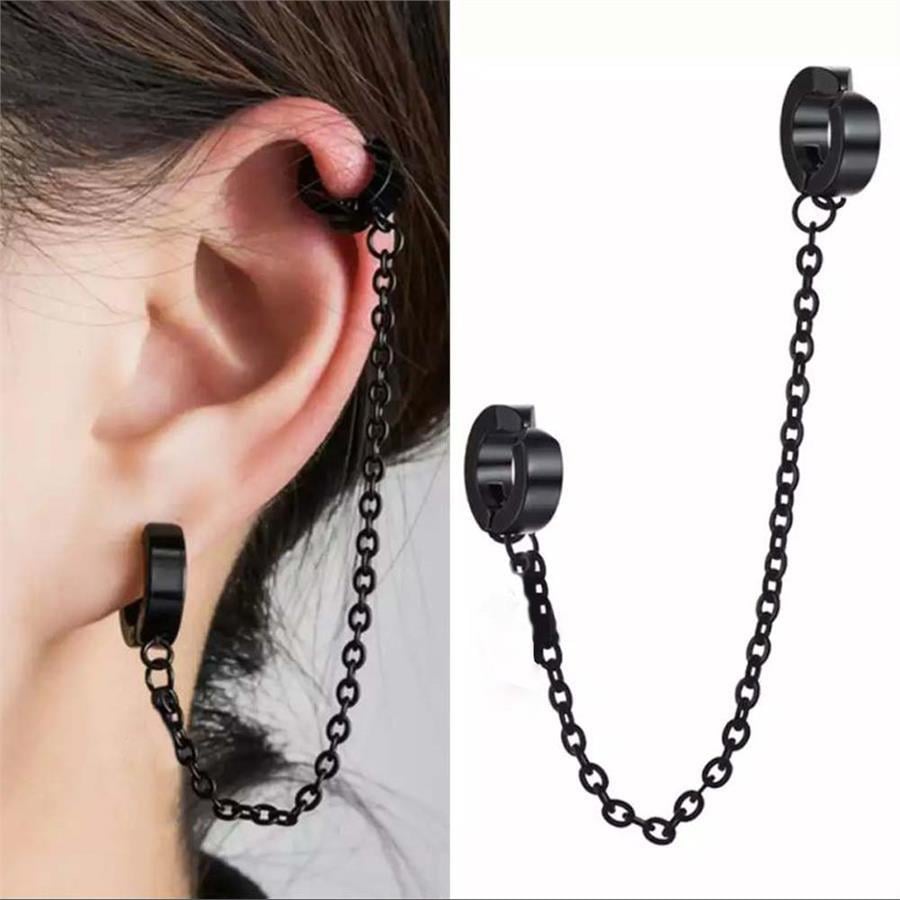 Siyah Çift Halkalı Zincirli Küpe