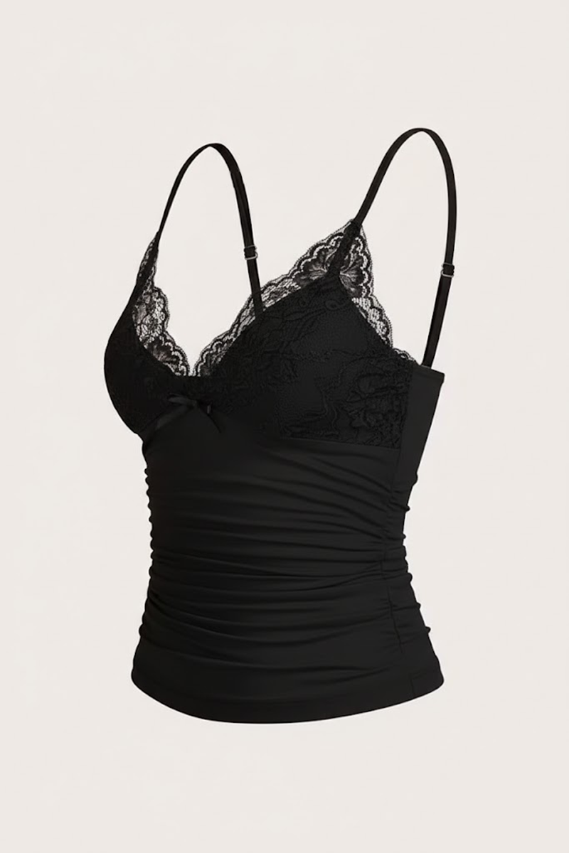 Siyah Dantel Detaylı Fiyonklu Y2K Askılı Crop