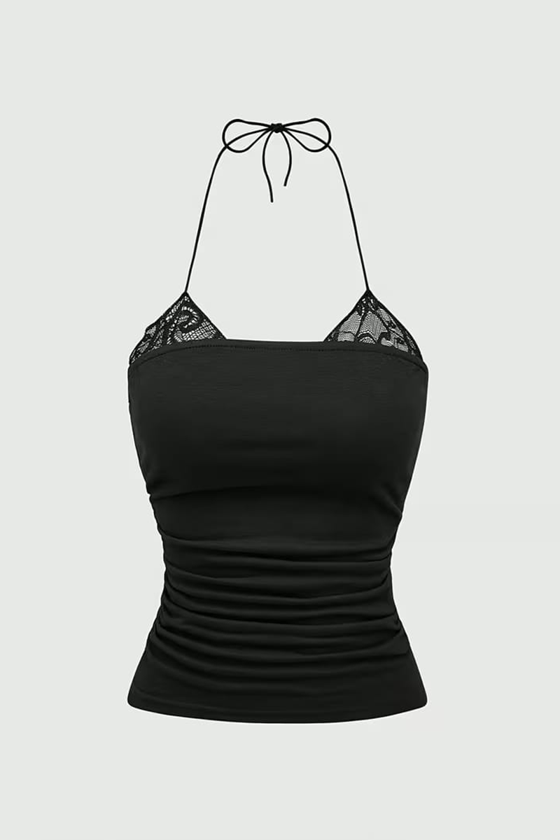 Siyah Dantel Ekli Bağlamalı Y2K Askılı Crop