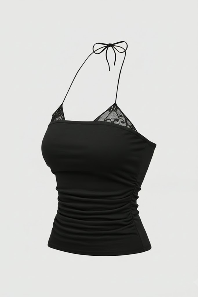 Siyah Dantel Ekli Bağlamalı Y2K Askılı Crop