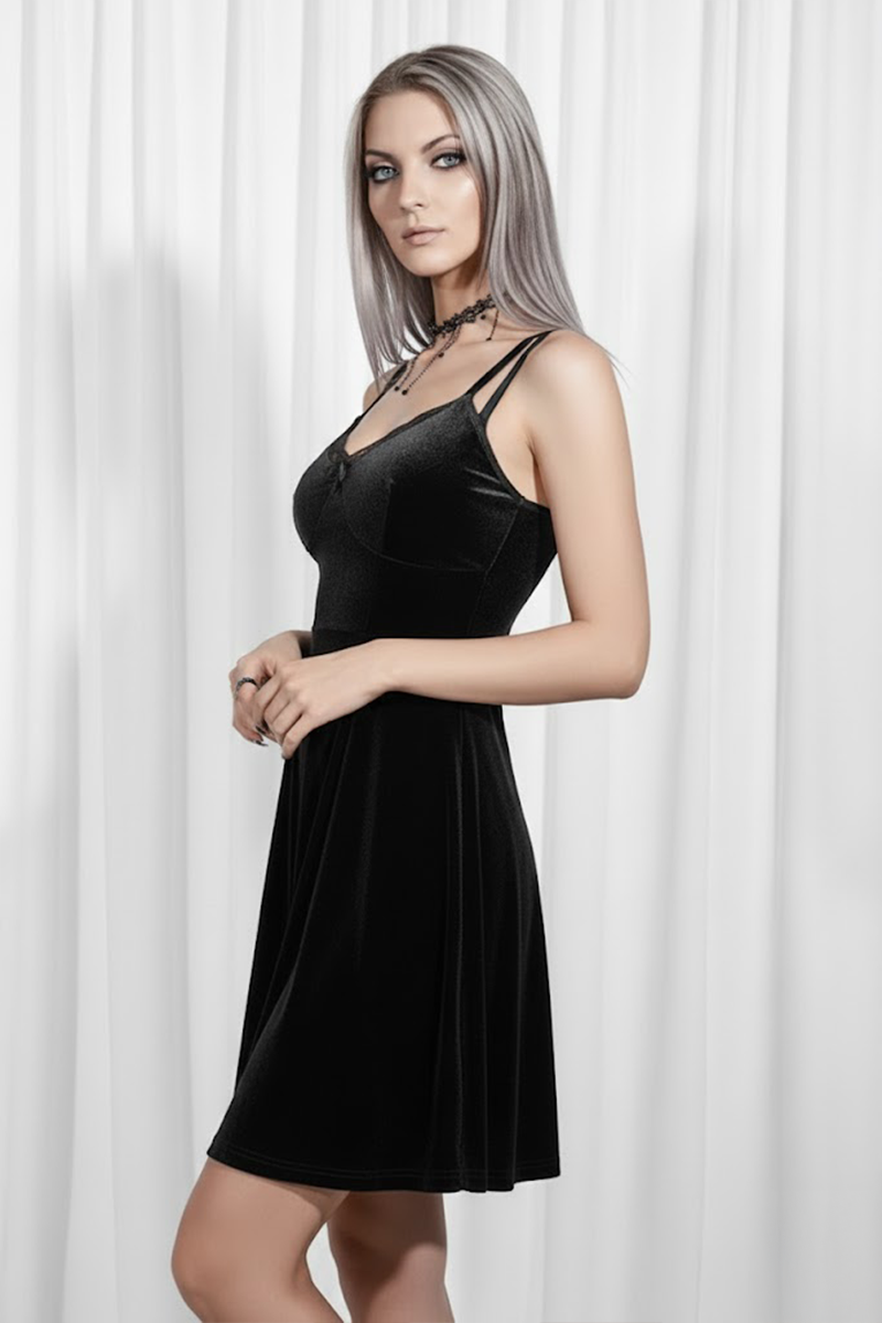 Siyah Dantel Yaka Fiyonklu Gotik Kadife Elbise