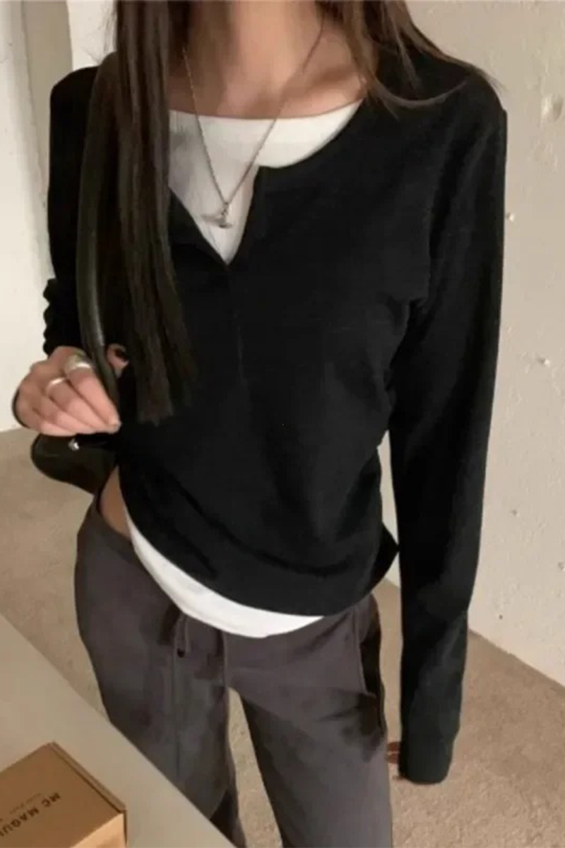 Siyah Düz Beyaz Ekli Y2K Uzun Kollu Crop