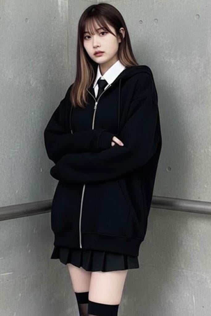 Siyah Düz Oversize Kalın Kapüşonlu Unisex Hırka   