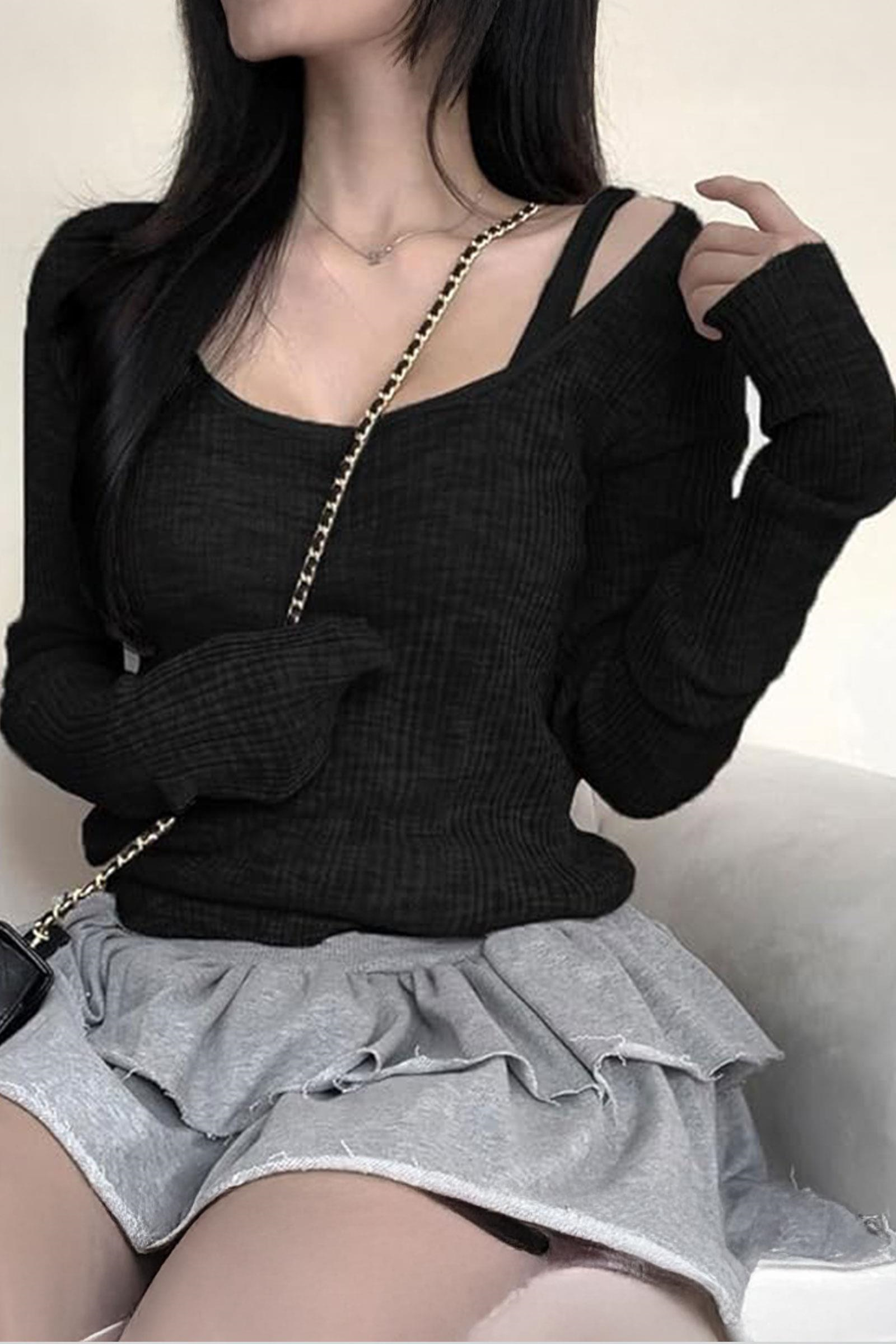 Siyah Ek Askılı Madonna Yaka Harajuku Y2K Uzun Kollu Crop