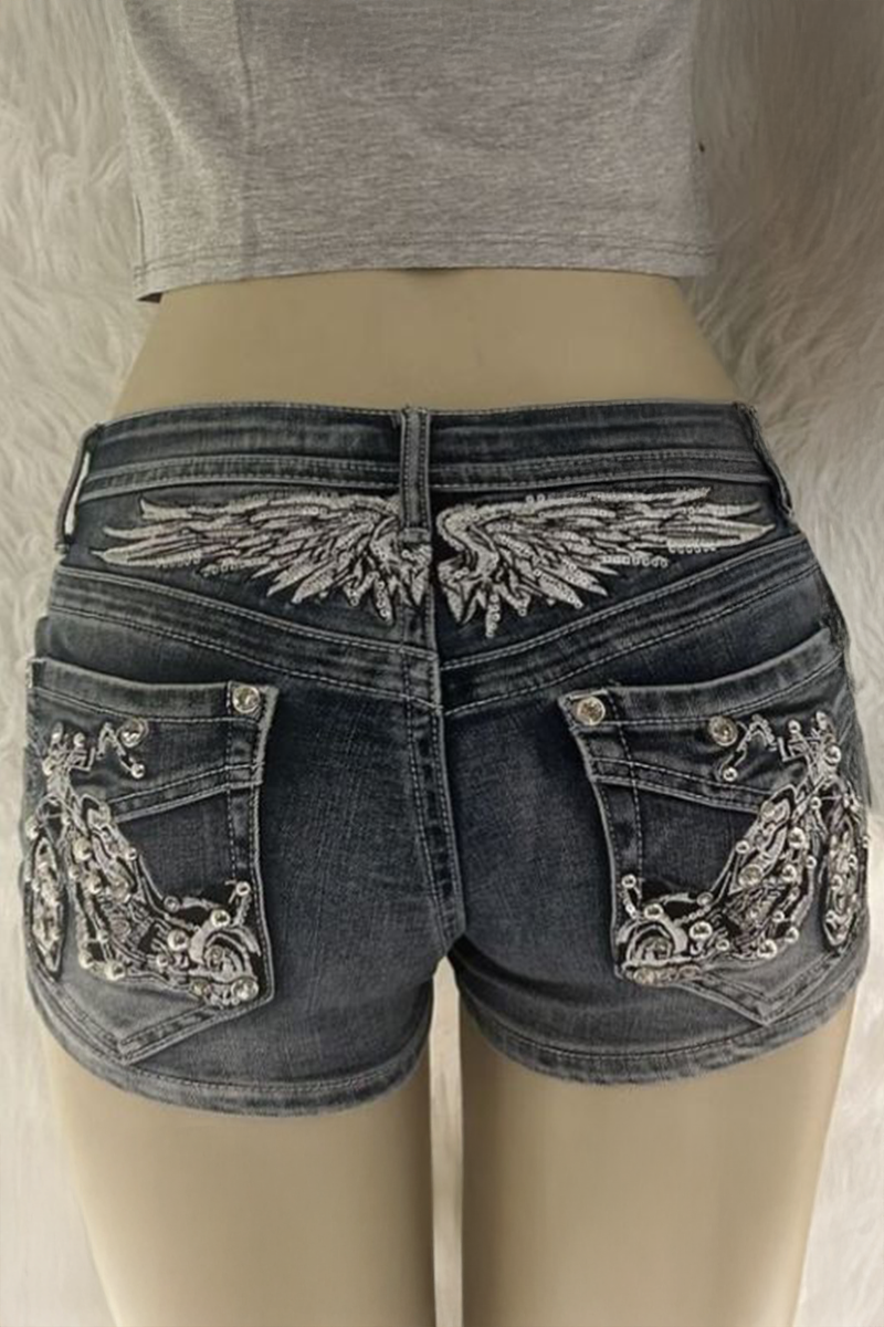 Siyah Eskitme Taşlı Chopper Y2K Kot Mini Şort