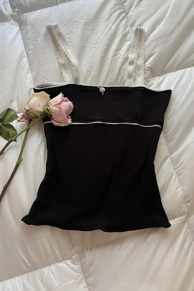 Siyah Fairycore Grunge Beyaz Dantel Y2K Askılı Crop