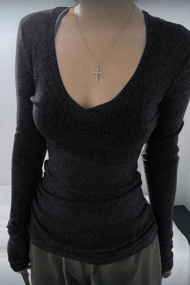 Siyah Geniş Yaka Düz Y2K Uzun Kollu Crop