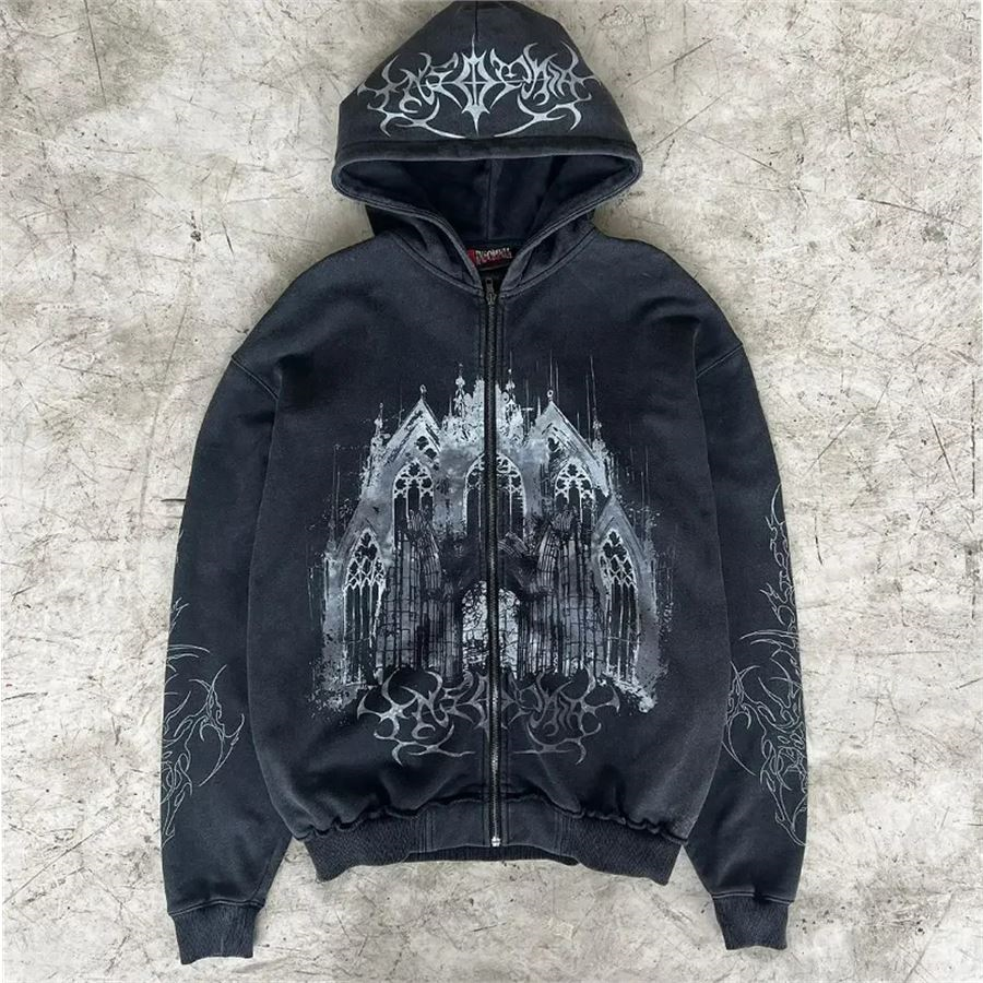 Siyah Gothic Castle Kapüşonlu Sweatshirt