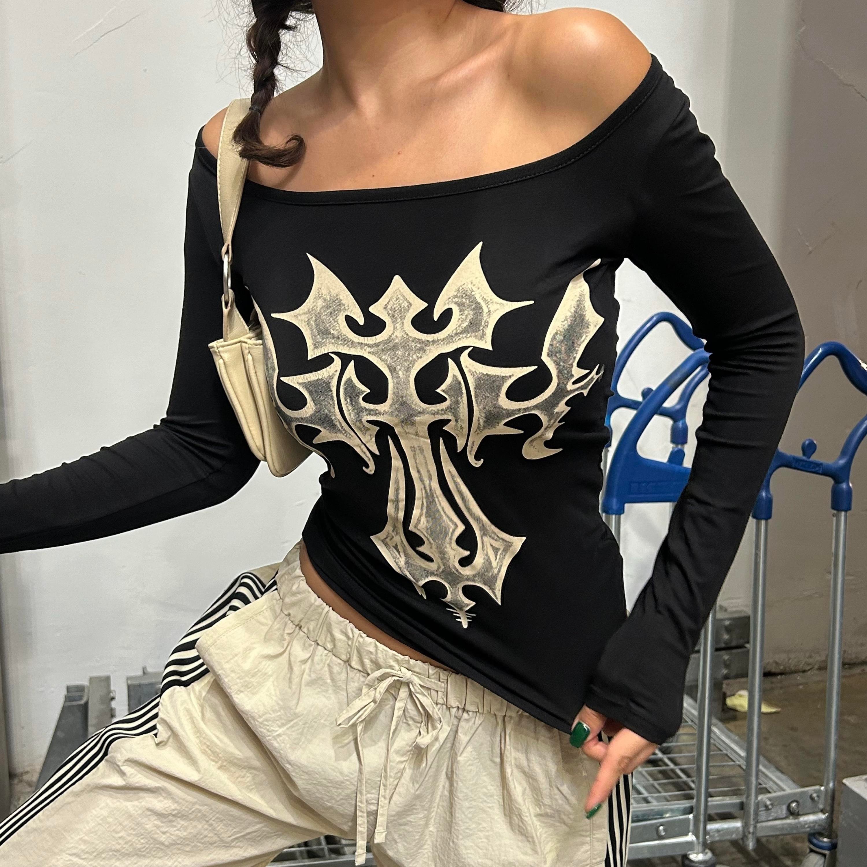 Siyah Gothic Cross Omuz Açık Uzun Kollu Crop