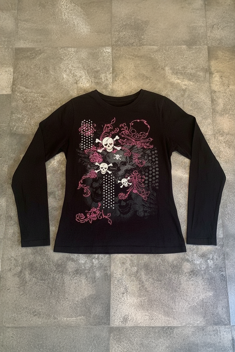 Siyah Gothic Skulls Full Body Y2K Uzun Kollu Crop