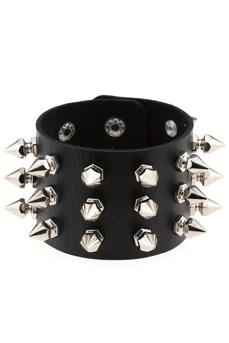 Siyah Gotik 3 Şerit Dikenli Detaylı Deri Bileklik